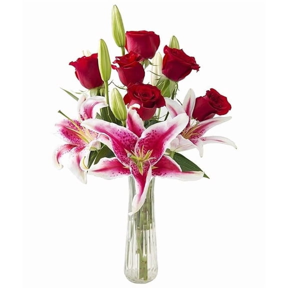 KaBloom : 6 Red Roses and 3 Pink Lilies in Vase, Next-Day Delivery, Gift for Every Occasion.
