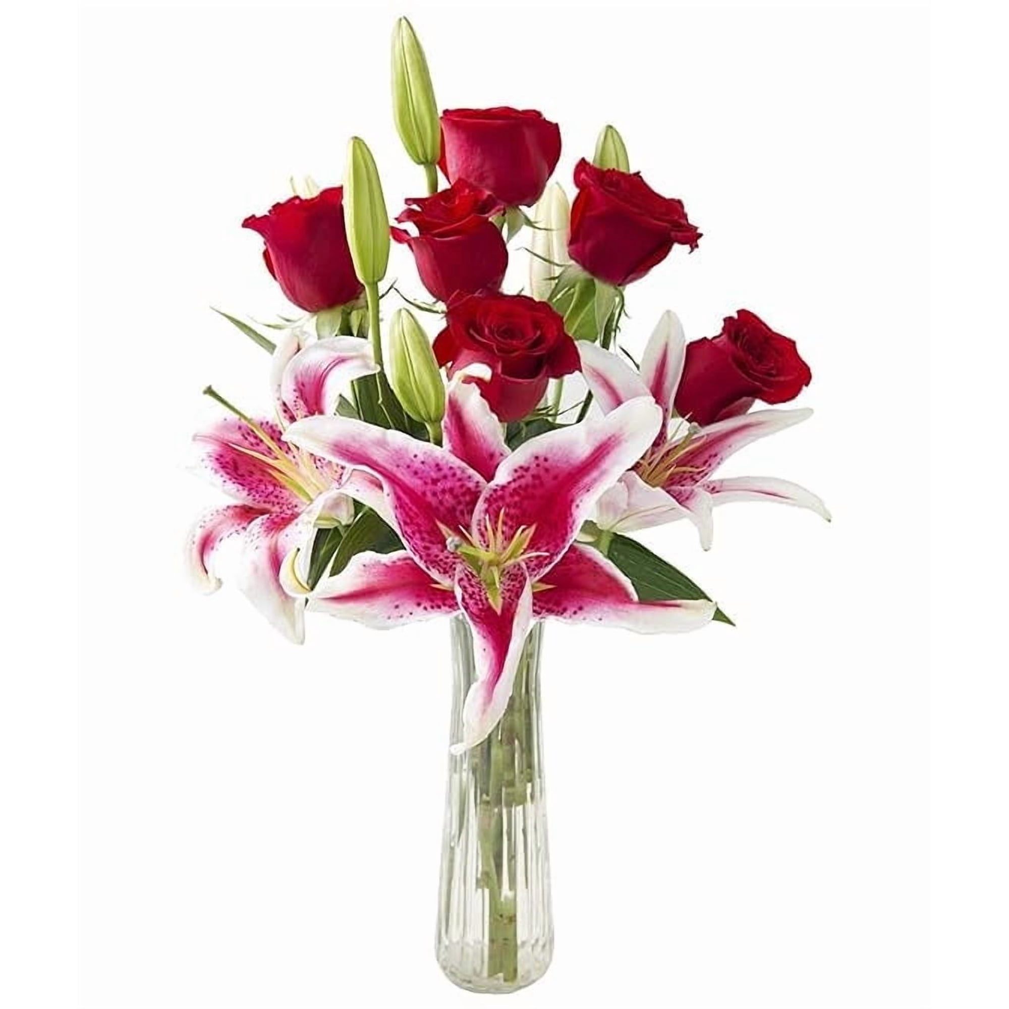 KaBloom : 6 Red Roses and 3 Pink Lilies in Vase Next-Day Delivery Gift for Every Occasion.