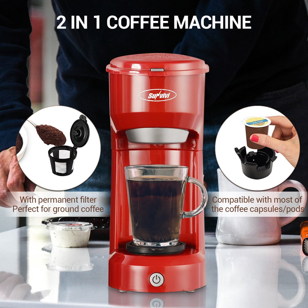 Superjoe Single Serve Coffee Maker for Pods and Ground Coffee, 6-14OZ  Reservoir One-Touch Control Button Coffee Machine, Red 