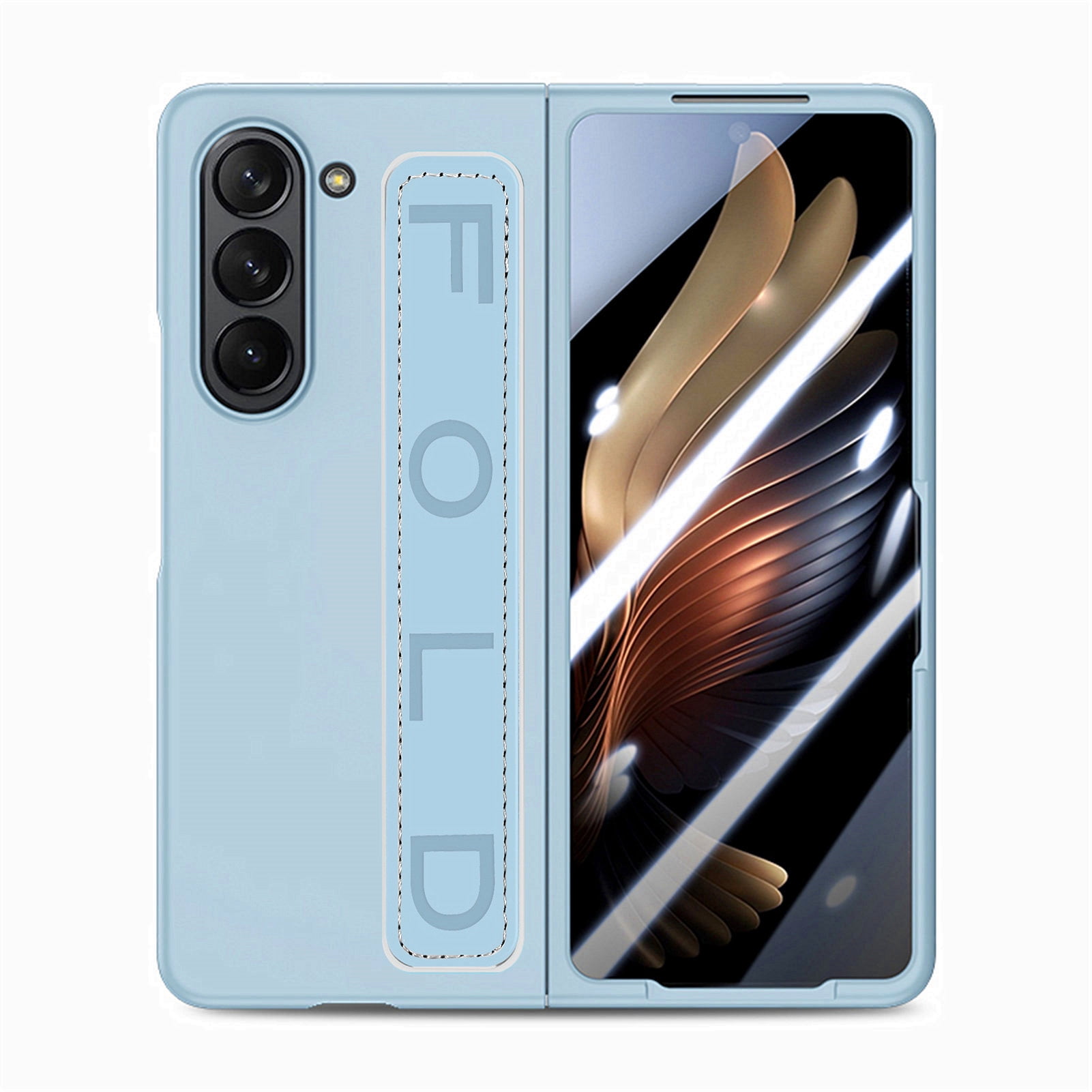 for Samsung Galaxy Z Fold 5 Case with Strap, [Non Slip Silicone Touch] Slim Protective Phone Case with Elastic Finger Wristband, Shockproof PC Cover for Samsung Galaxy Z Fold 5 2023 - Light Blue