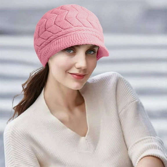 Women's Berets Womens Winter Beanie Hat Warm Knitted Wool Hats Cap With Visor,Pink Women's Accessories Berets