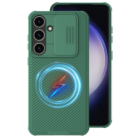 ELEHOLD Silicone Case for Samsung Galaxy S24,Rugged Magnetic Back Case with Sliding Camera Lens Protector Compatible with Mag Safe Rubber Shockproof Protection Galaxy S24 Cover,Darkgreen