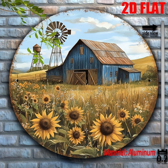 Rustic Blue Barn with Windmill & Sunflower Field Round Aluminum Sign, Vintage Farmhouse Wall Decor, 1pc, 8" Wall Art Metal Sign, For Kitchen, Door, Room, Home, Ideal Gift, Weather Resistant, 2D Flat
