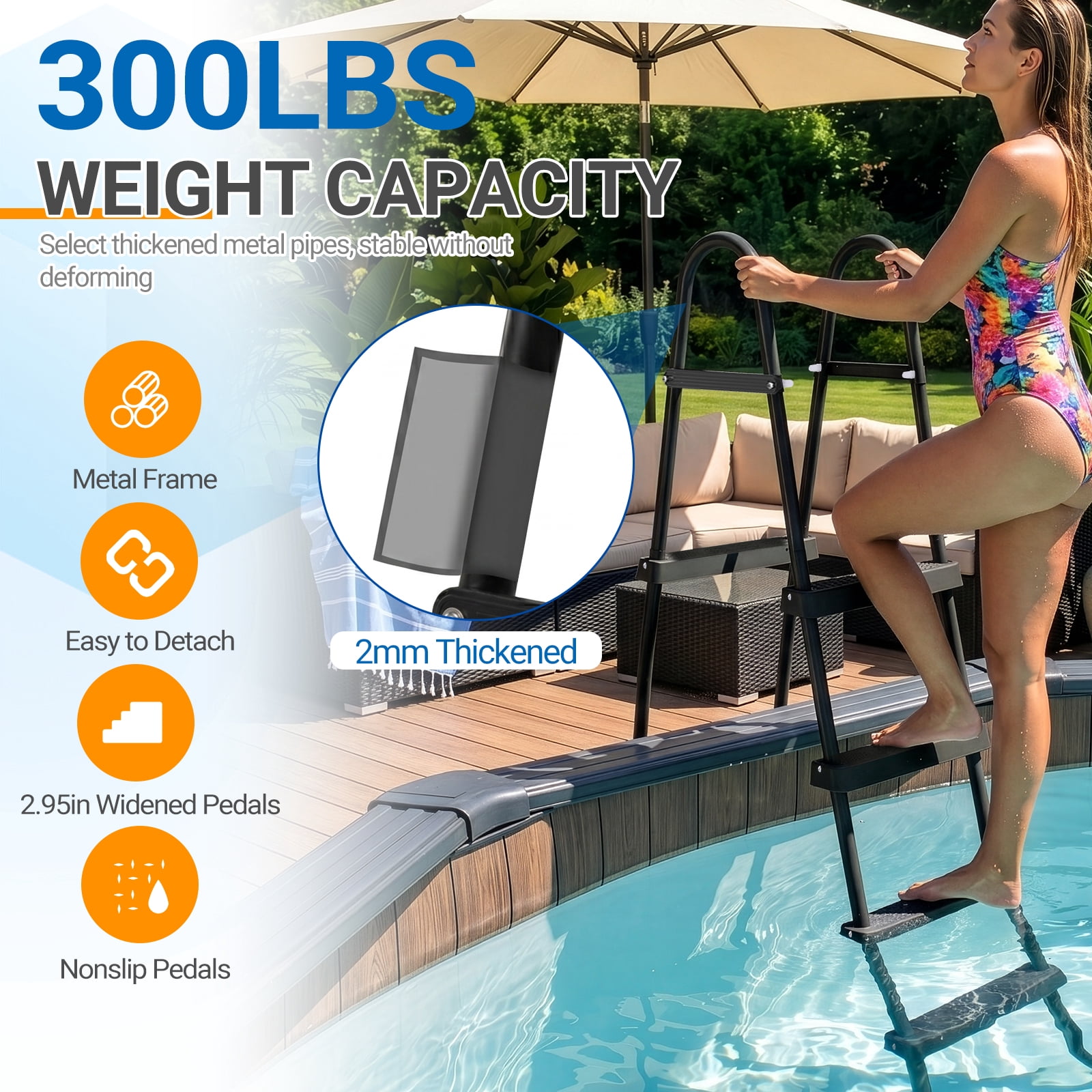 Zimtown 4-Step Pool Ladder, 52 Inch Above Ground Swimming Pool Ladder with Black Metal Frame & Black Steps, Heavy-Duty Entry Ladder