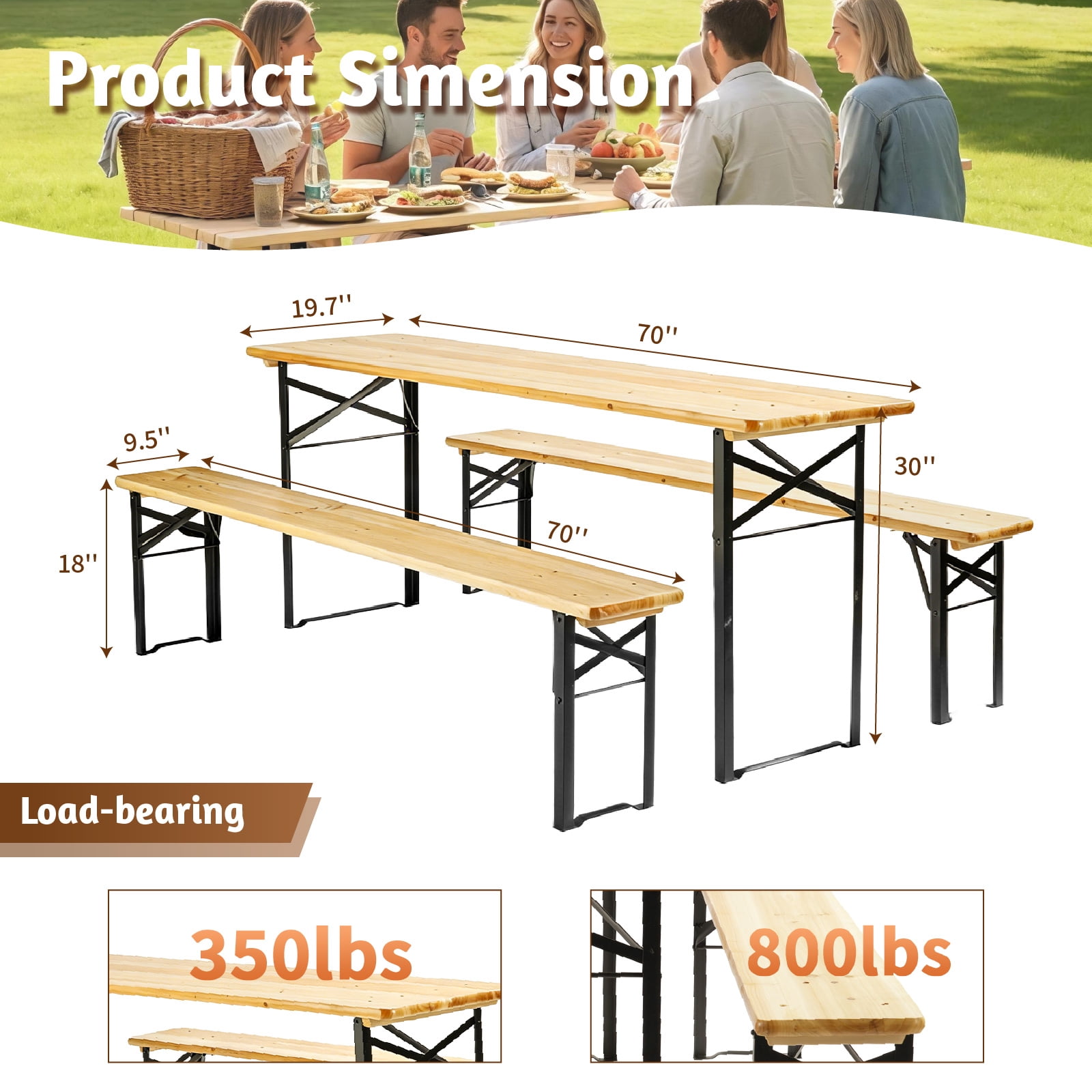 Ktaxon 6' Wooden Outdoor Folding Patio Camping Picnic Table Set with Bench
