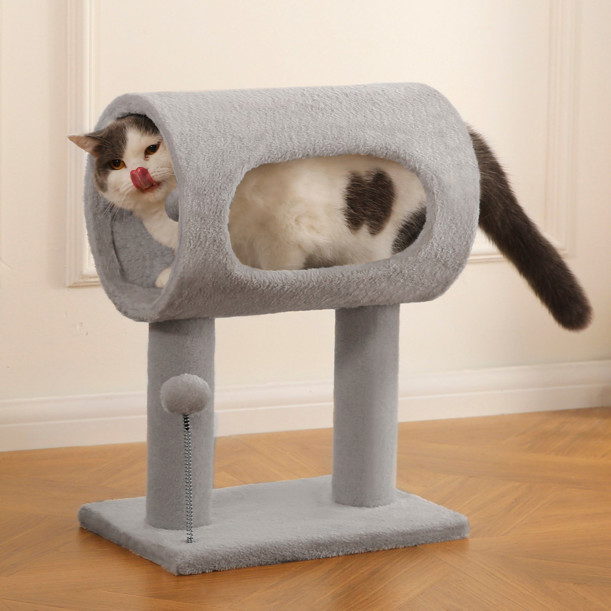 Cat Craft Cat Scratching Post with Tunnel Bed & Hanging Ball, Carpet & Engineered Wood, Light Gray, Animal