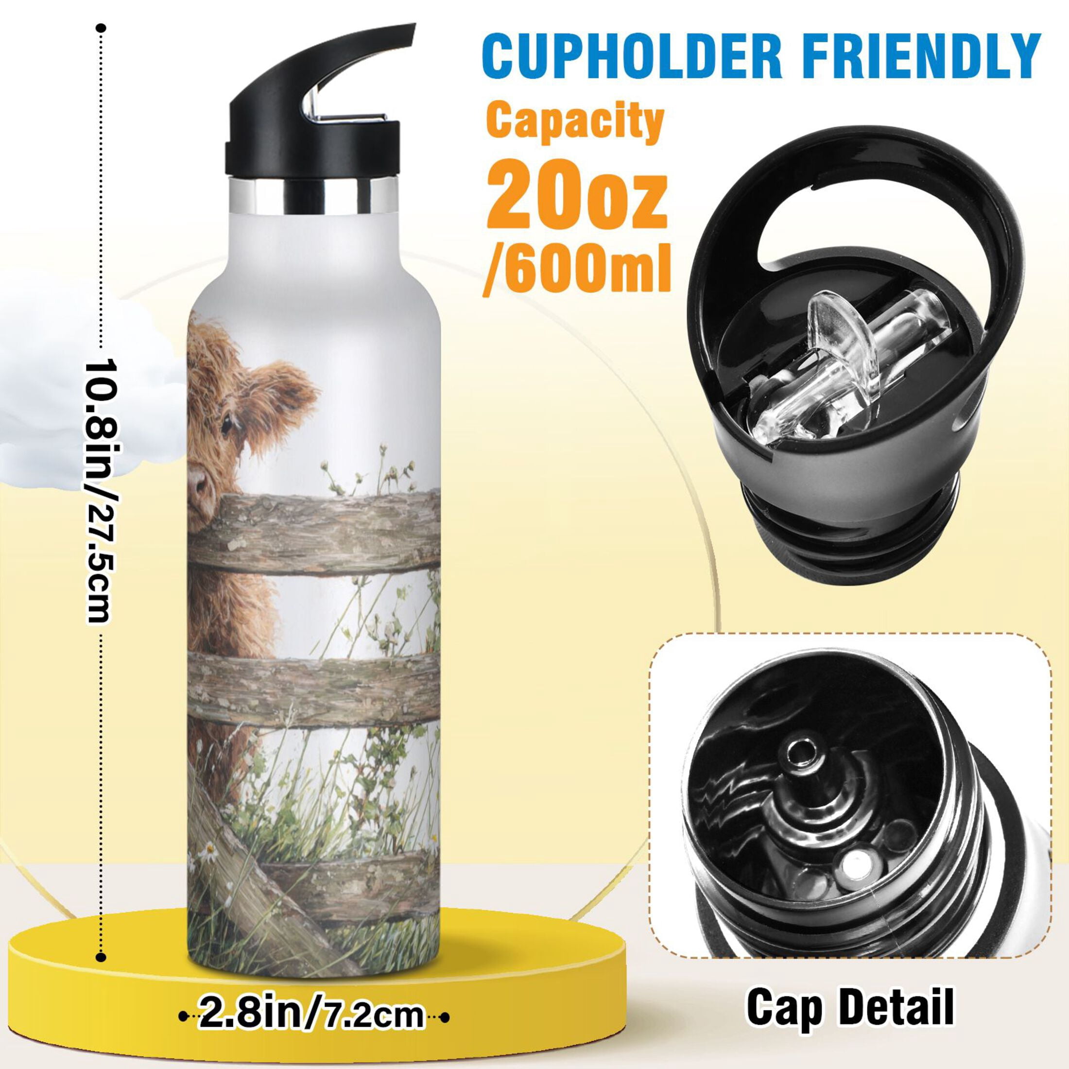 Kids Insulated Stainless Steel Sports Water Bottle 600ml Cute Highland Cow Peeking