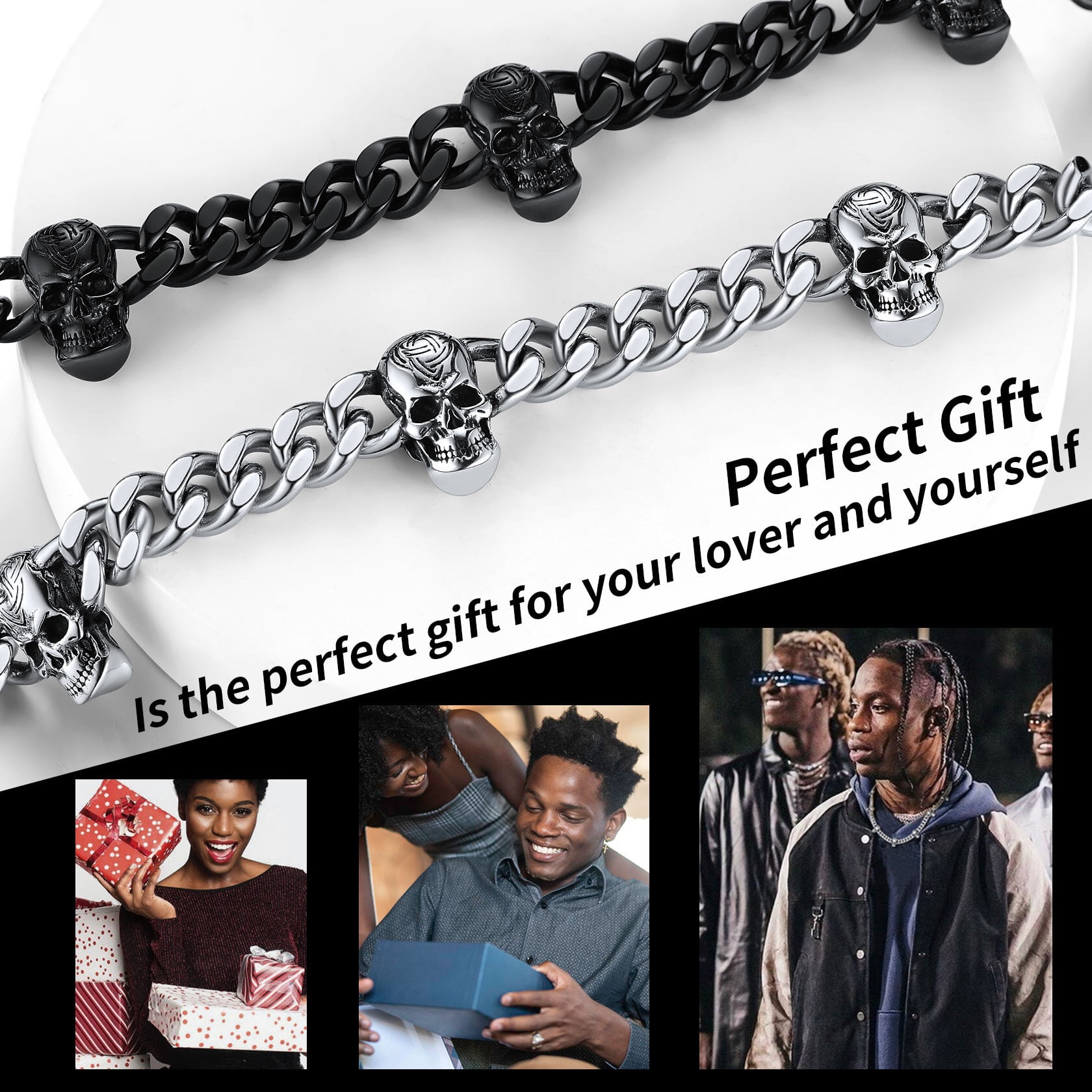 ChainsHouse Men's Black Gothic Punk Necklace Stainless Steel 9mm Thick Skull Link Chain Necklaces Jewelry Gift, 20"