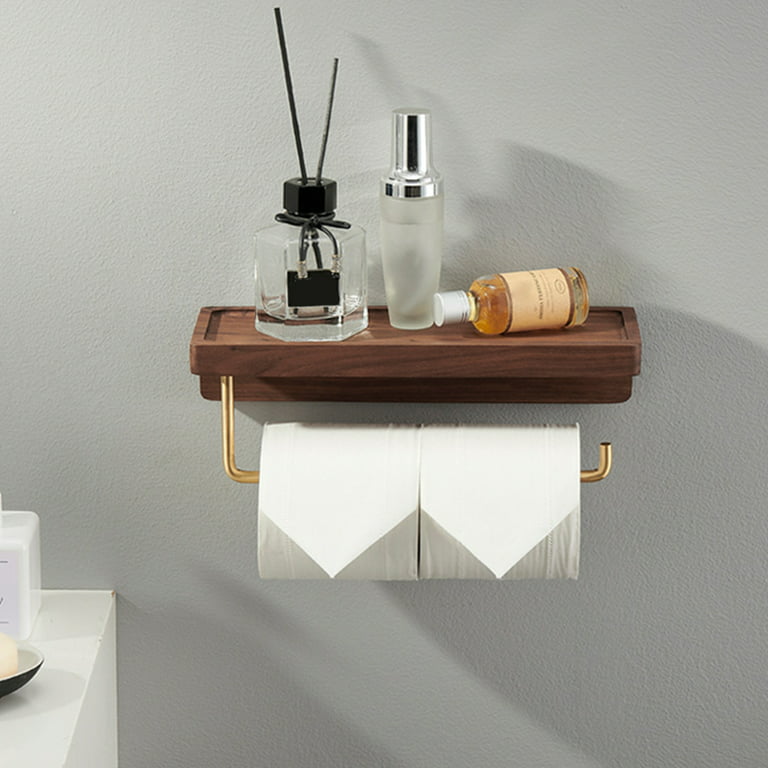 Modern Brass Toilet Paper Holder with Wooden Shelf