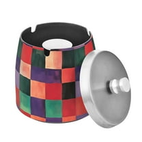 Yayeee Ashtray with Lid for Cigarette Smokeless Stainless Steel Home Ash Holder, Red and Purple Plaid Pattern