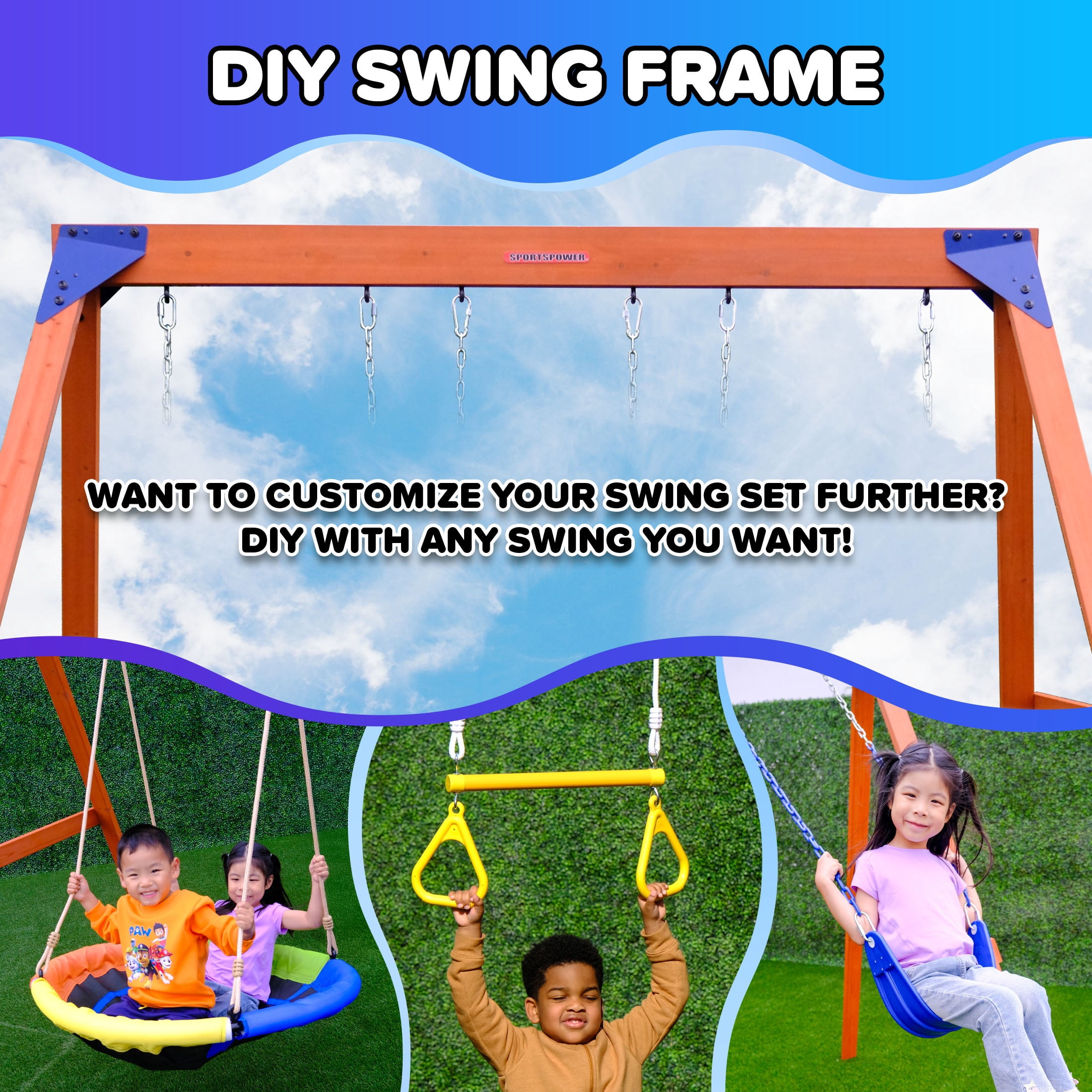 Sportspower™ Madison Wooden Swing Set with 2 Height Adjustable Swings and 2 Person Roman Glider Swing, Backyard Outdoor Playset for Kids
