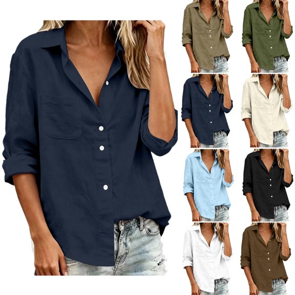 Aezemi Womens Button down Work Blouses, Faux Cotton Linen Collared Dress Long Sleeve Shirts, Summer Fall Office Business Casual Dressy Tops, S-3XL