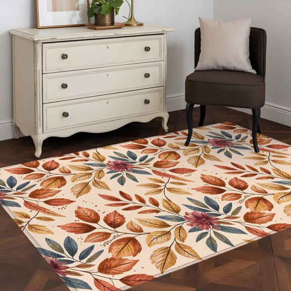 3'x5' Area Rugs, Brown Leaves Fall Indoor Outdoor Area Rug for Living Room Bedroom, Farmhouse Vintage Botanical Leaf Washable Bathroom Rugs Kitchen Floor Carpet Mats Home Decor Aesthetic