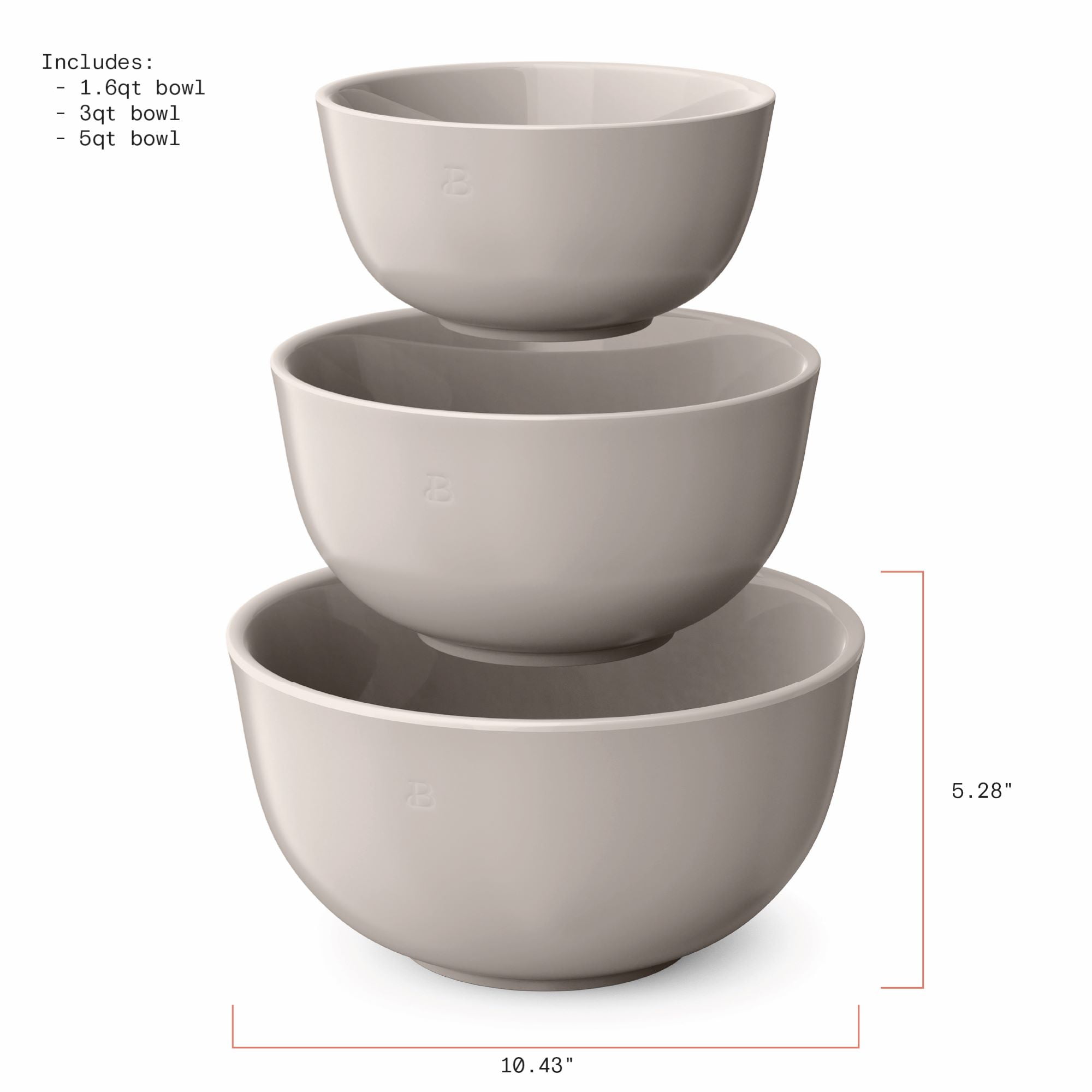 Beautiful by Drew Barrymore 3-Piece Stoneware Nesting Mixing Bowl Set, Porcini Taupe