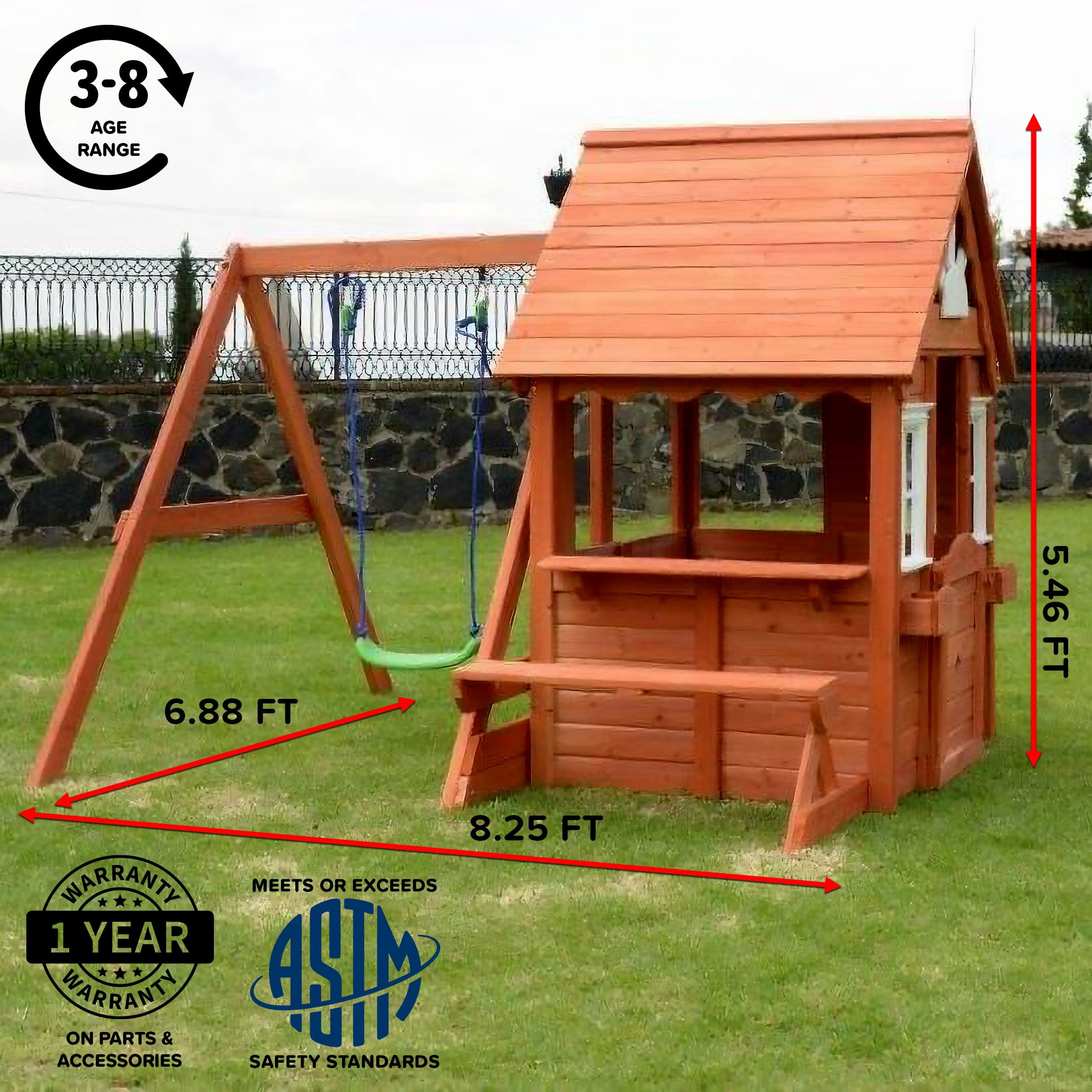 Sportspower Wooden Swing and Playhouse Set with Bench & Working Door, for Kids Aged, 3–8, ASTM Certified