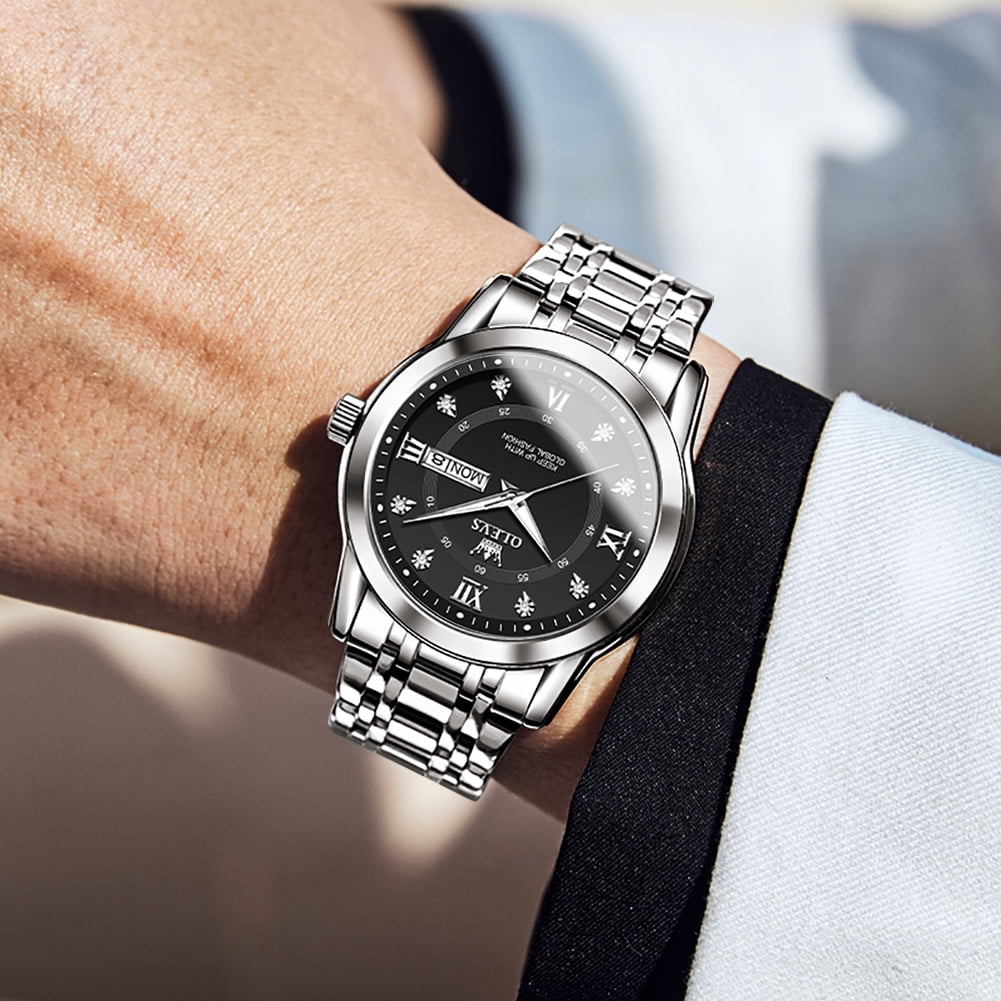 OLEVS Watches For Men Diamond Business Dress Luxury Casual Analog Quartz Stainless Steel Waterproof Luminous Date Men Wrist Watches Reloj Para Hombre Black Dial