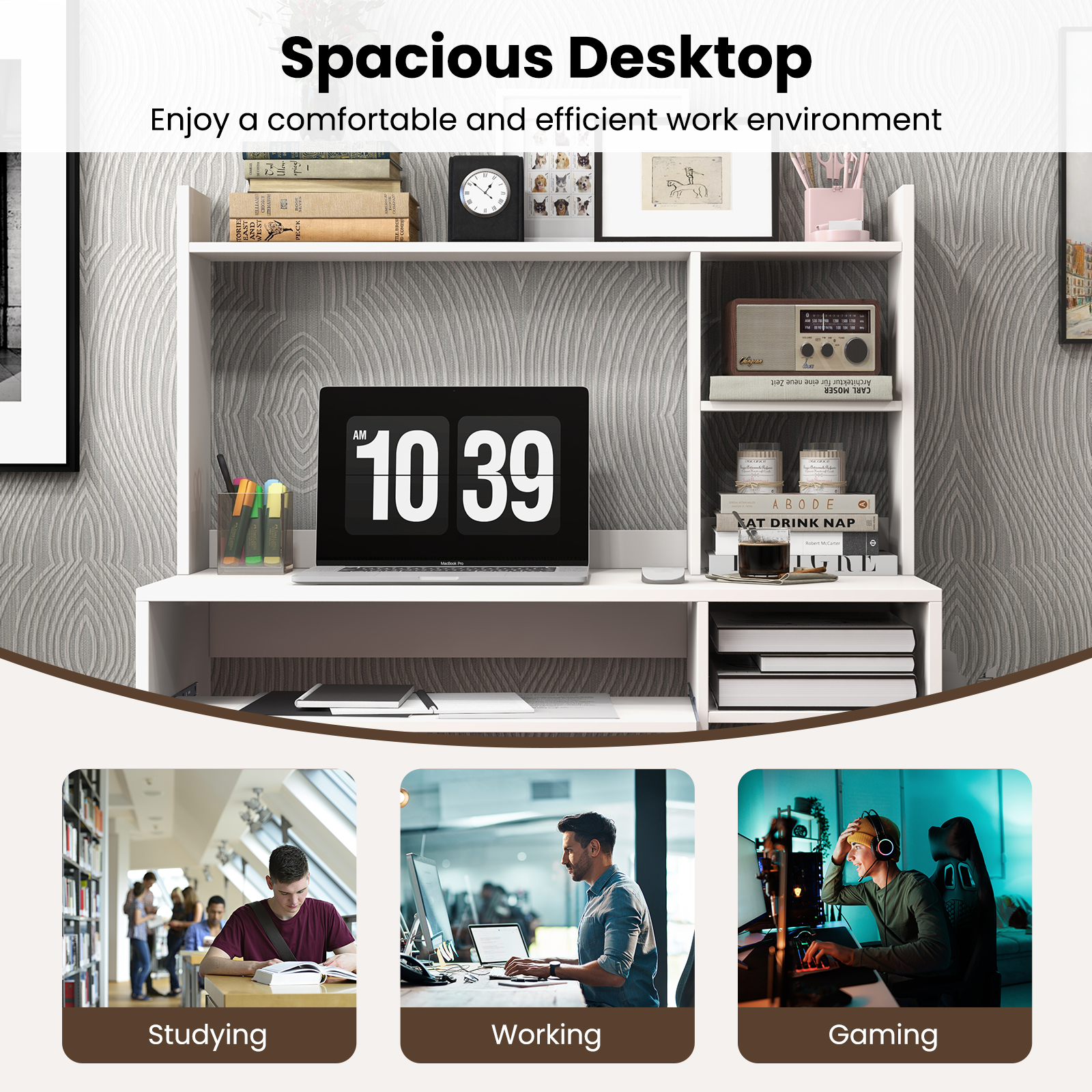 Topbuy Computer Desk w/ Charging Station 43.5” Gaming Table Workstation w/ Keyboard Tray CPU Stand & Storage Shelves White