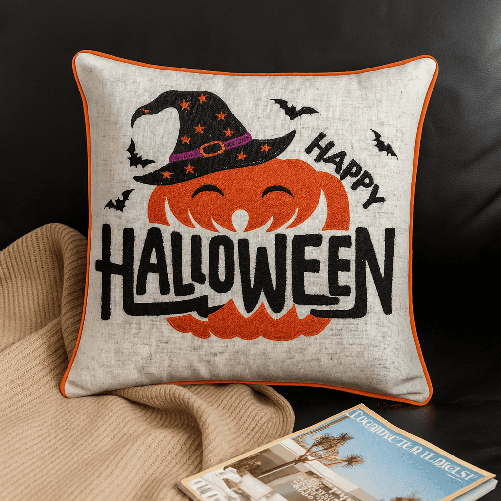 Happy Halloween Embroidered Throw Pillow 20x20 Inch with Pumpkin Witch Hat Bats for Sofa Bed Seasonal Decor