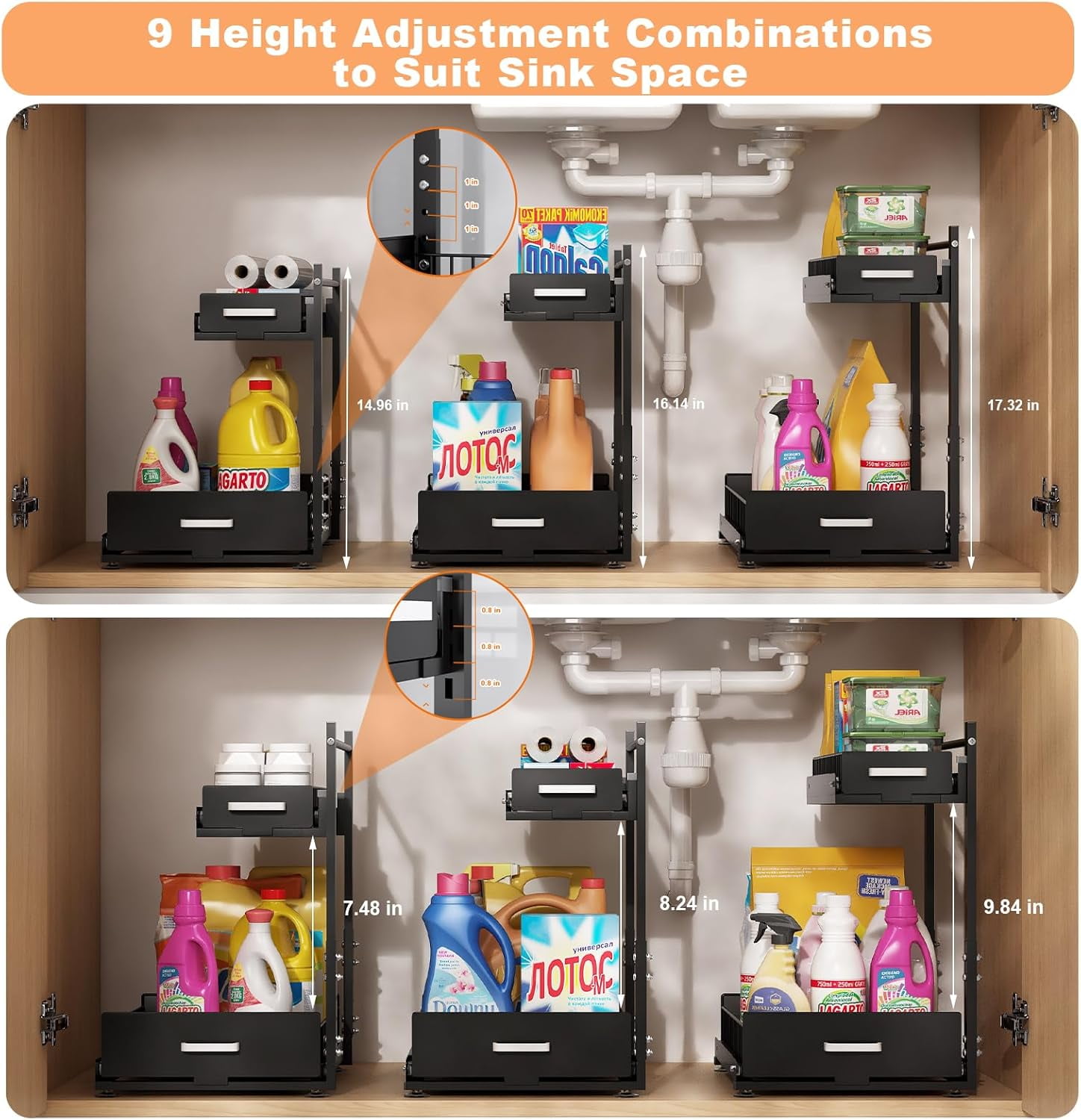 2 Pack Under Sink Organizer, 2 Tier Slide Out Cabinet Organizer with Pulley, Height Adjustable Pull Out Shelf for Kitchen, Bathroom, Laundry and Utility Storage, Black