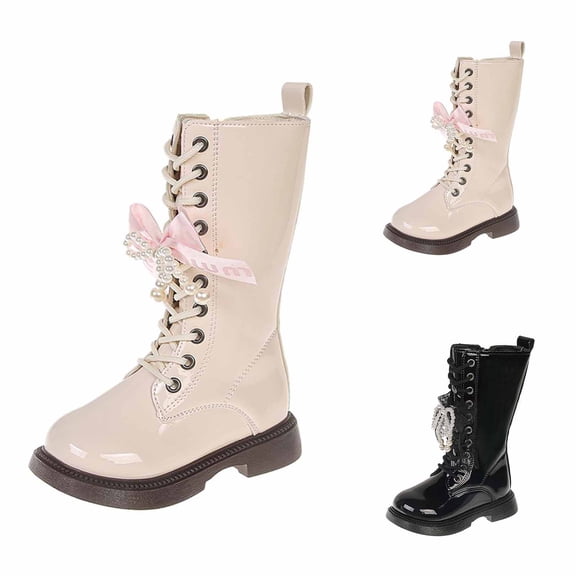 CAIXIA Girls Lace Up Riding Boots Mid Calf Side Zipper Fashion Round Toe Pu Leather Combat Boots Lug Sole Punk Goth Boot Back To School Waterproof Fall Winter Boot
