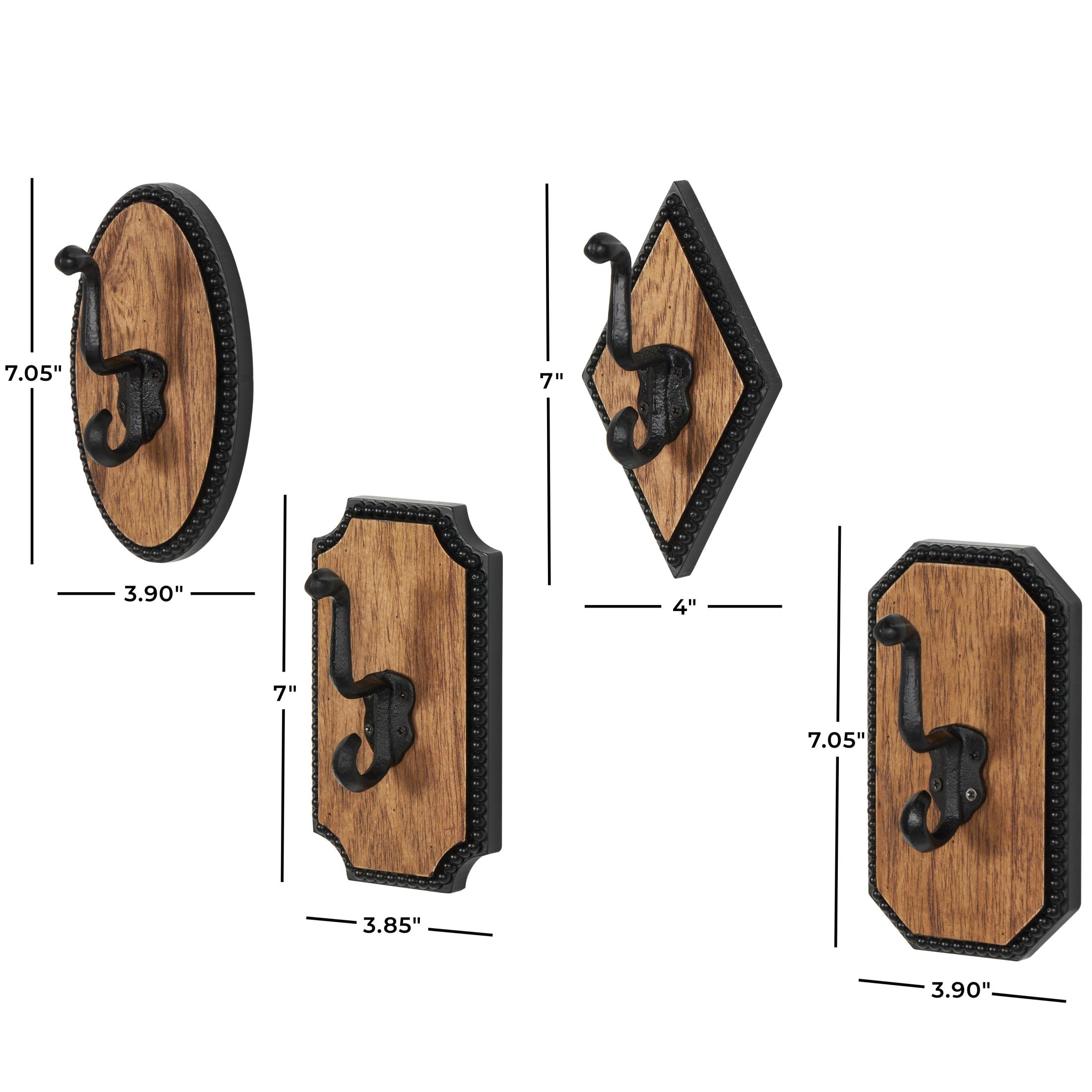 DecMode 4"W, 7"H Brown Wooden Vintage Inspired Geometric Wall Hook with Black Beaded Frames, 4-Pieces