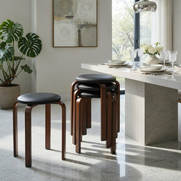 Barara King Dining Chairs,Restaurant Side Bistro Chair,Set of 4 Bentwood Round Stool Stackable Dining Chairs with Padded Seat-Black