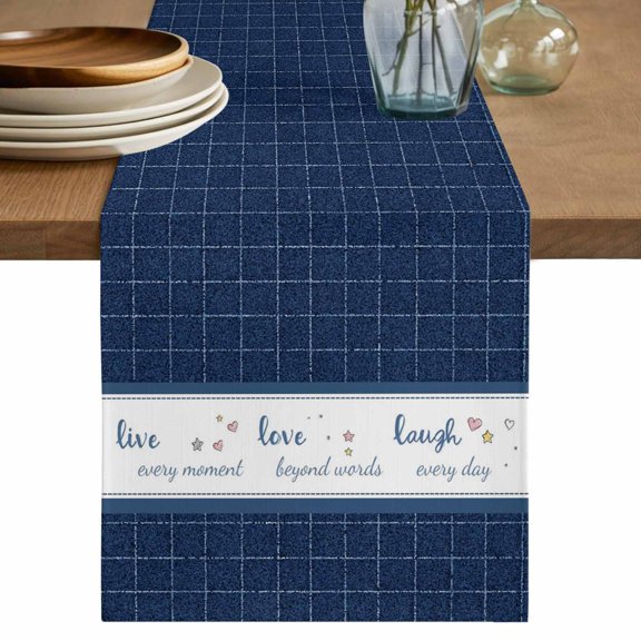 Blue Plaid Table Runner 72 Inches, Country Live Love Laugh Text Star Love Heart Bed Runner Dresser Scarves Tabletop for Indoor Outdoor Parties/Ceremony/Banquet, 16" x 72"