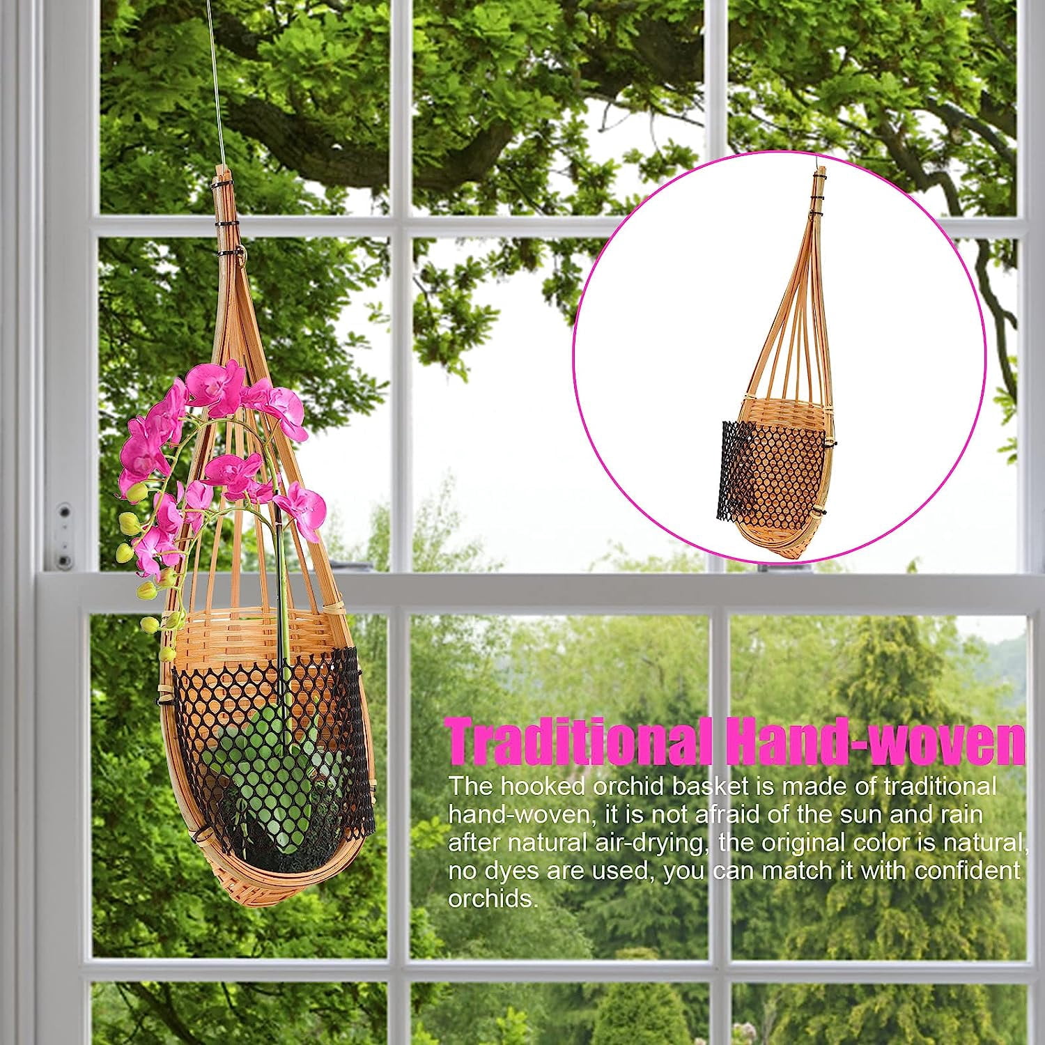 6PCS Orchid Hanging Planter Bamboo Woven 4.7 Inch Hanging Orchid Basket with Metal Hook, Bird Nest Style Plant Hangers for Trellis or Gazebo, Small Flower Plants Planter