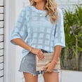 thumbnail image 2 of Camiseta de verano recortada lisa cuello redondo manga 3/4 tejido protector solar Top de mujer para playa al aire libre diario azul claro M, 2 of 7