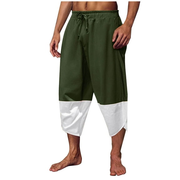 YLSDY Men's Linen Harem Capri Pants Color Block Lightweight 3/4 Shorts Drawstring Elastic Waist Casual Beach Yoga Trousers Army Green XS