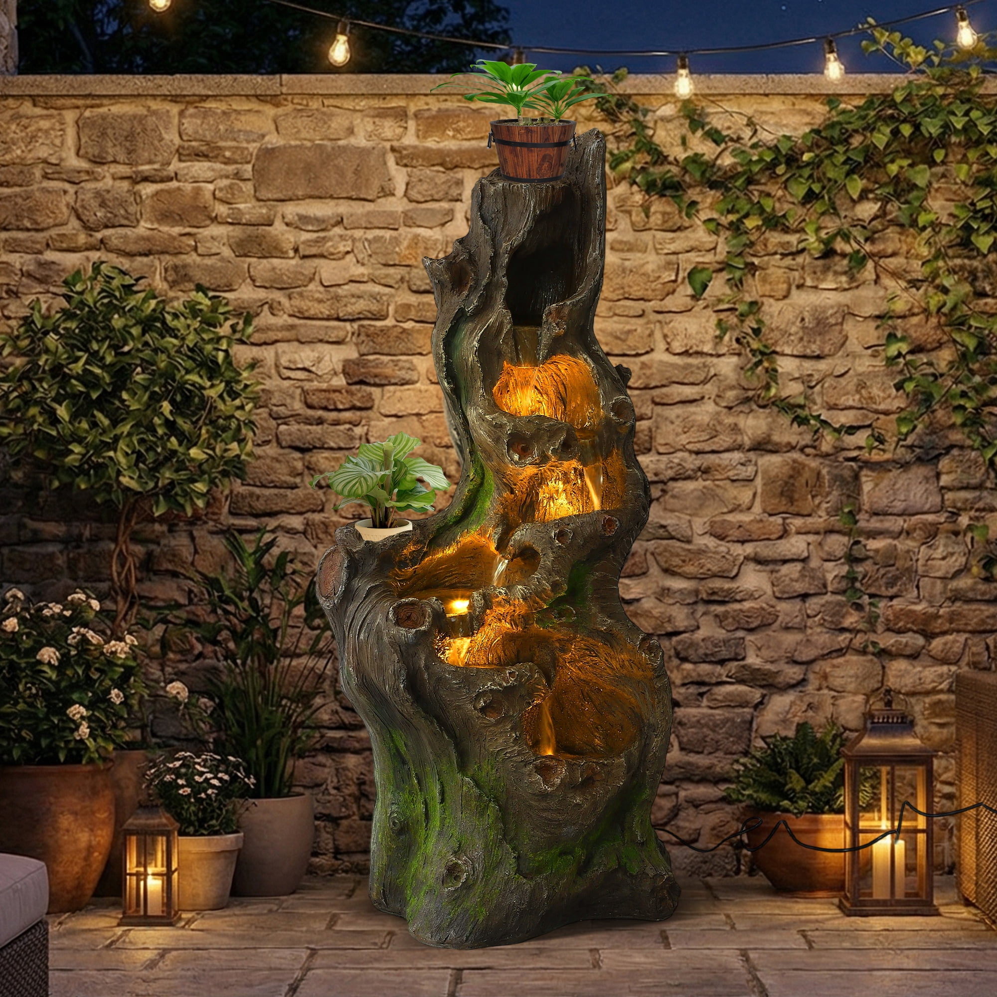 Haverchair 40''H Cascading Rock Water Fountain, 6-Tier Outdoor Garden Waterfall with Flower Pot & Lights, Indoor Water Feature Tree Trunk Look Decor for Garden, Patio, Backyard, Porch Home Art Decor