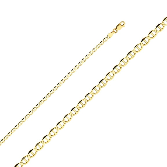 Ioka - 14K Yellow Solid Gold 3.4mm Flat Mariner Chain Necklace with Lobster Clasp - 24"