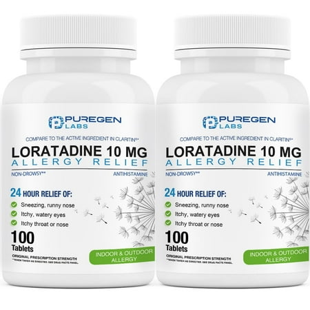 Puregen Labs Allergy Relief Loratadine 10mg - Non-Drowsy Antihistamine Allergy - 100 Tablets - 2PK
