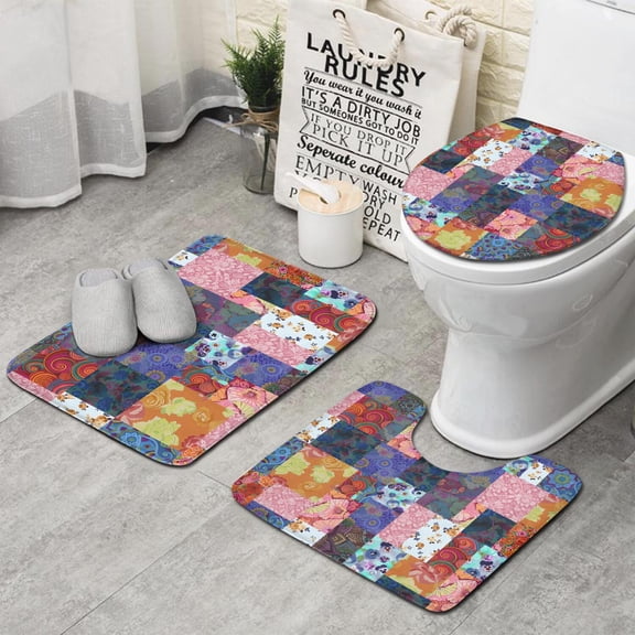 Colorful Pioneer Flower Patchwork Bathroom Rugs Sets 3 Piece,Toilet Cover Set,Absorbent Non Slip Bathroom Mats Sets with U-Shaped Contour Rug Toilet Rug Set