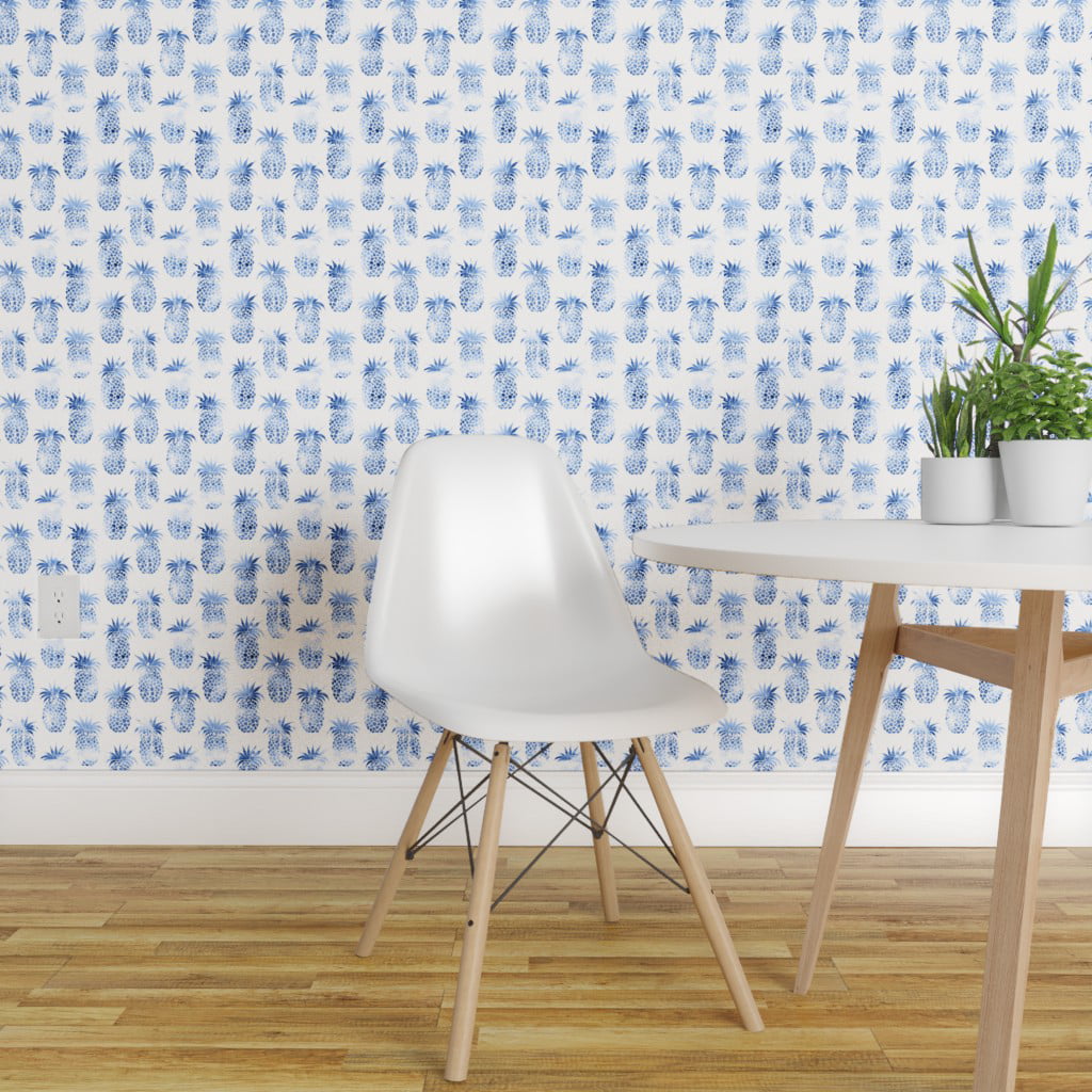 Removable Water-Activated Wallpaper Pineapple Tropical Fruit Watercolor Blue And 