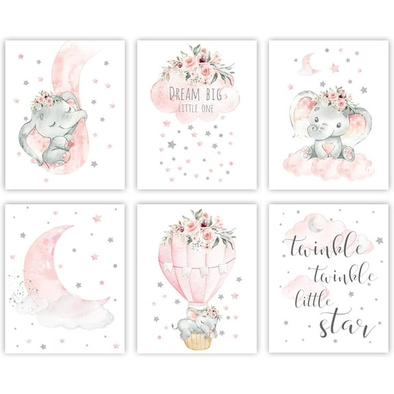Elephant Nursery Canvas Wall Decor Set of 6 Baby Girl Room Decor for Nursery 8"x10" Pink Flowers Wall Art Prints | Dream Big Little One | Nursery Wall Art Girl Room Wall Decor(Unframed)