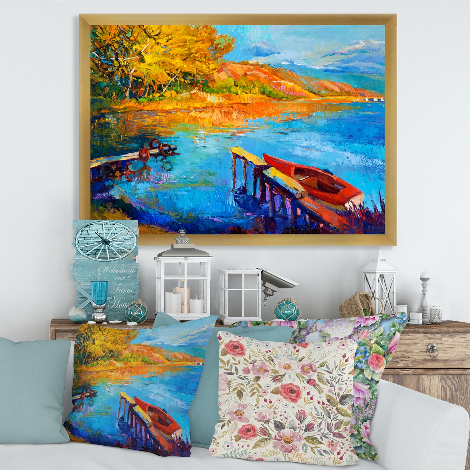 Designart 'The Lake At Sunset Evening Glow II' Lake House Framed Art Print