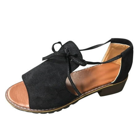 

Womens Sandals Women Ladies Squared Heel Solid Bowkont Sandals Casual Lace Up Peep Toe Shoes Women S Sandals Flock Black 42