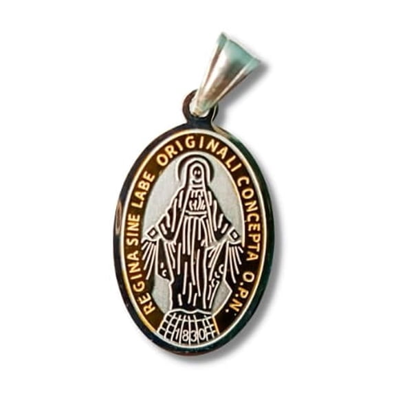 Two Tone (Silver and Yellow Gold Color) Stainless Steel Virgin Mary Pendant (Miraculous Medal) (ExtraSmall)