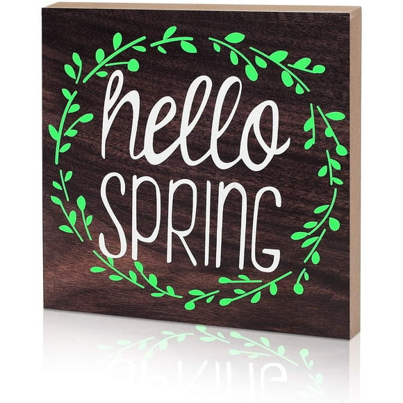 Hello Spring Wooden Sign Small Rustic Wood Sign Farmhouse Standing Block Sign Decoration for Modern Rustic Farmhouse Living Room, 6 x 6 Inch