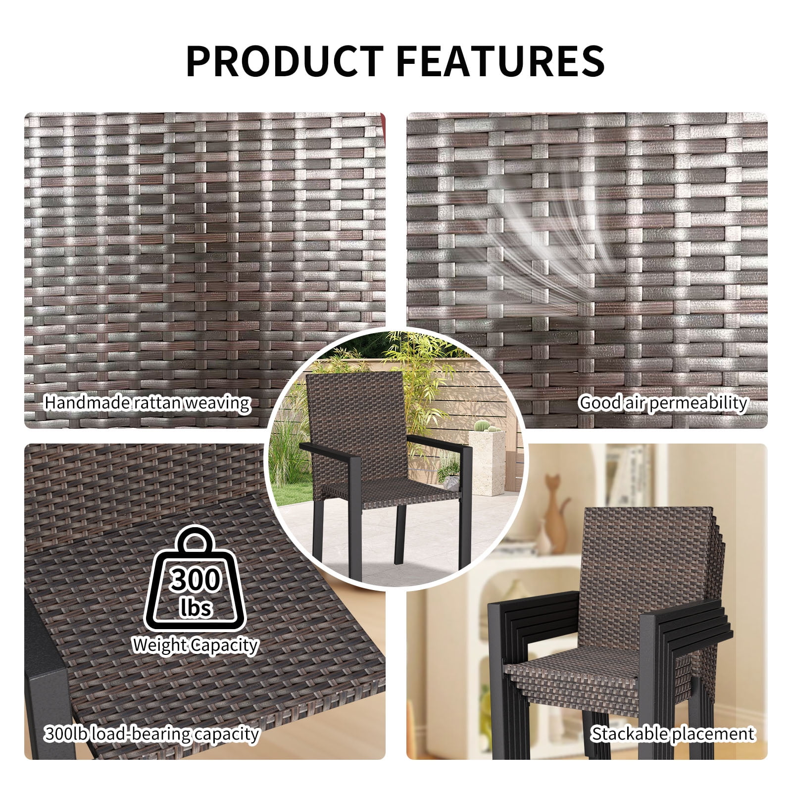 Set of 2 All-Weather Stackable Wicker Patio Chairs for Outdoor, Garden, Poolside (Brown)