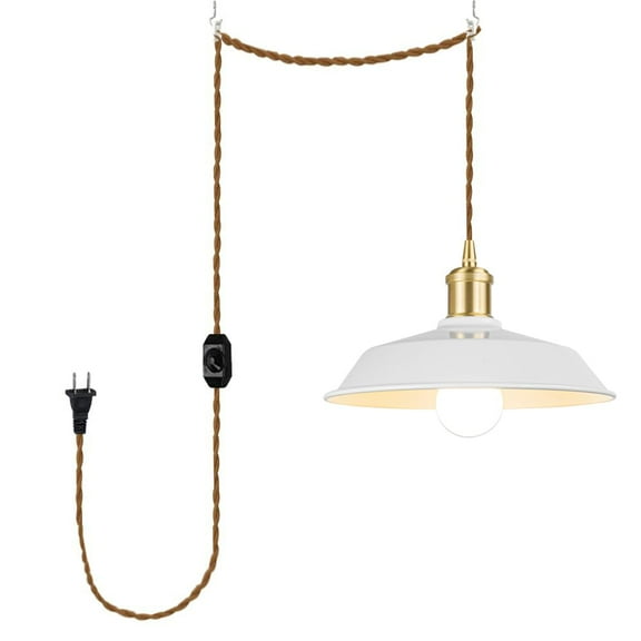 KAYYELAMP 15ft Plug in Dimmable Cord Hanging Light Brass Base Dia 10.2" White Metal Shade Minimalist Pendant for Farmhouse Home Store(No Bulb)