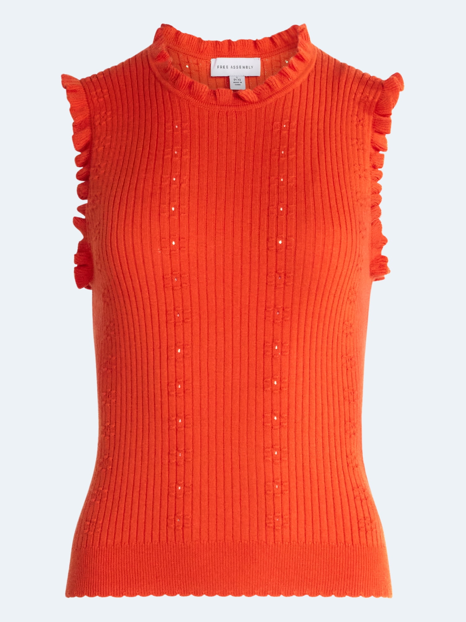 Free Assembly Women's Ruffle Trim Pointelle Sweater Shell, Lightweight, Sizes XS-XXL