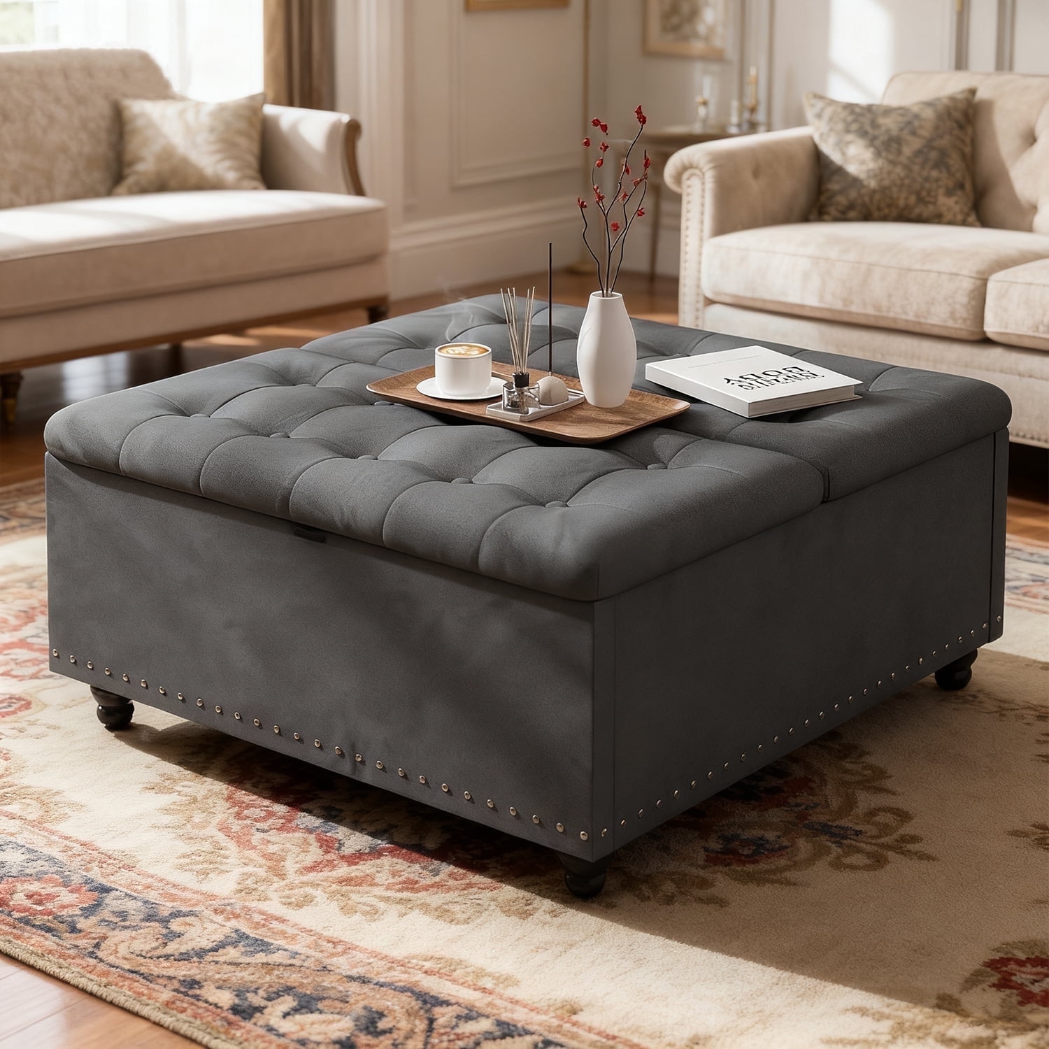 Kbun 33.5 inch Large Square Storage Ottoman, Tufted Upholstered Coffee Table with Lift Top & Solid Wood Legs, Oversized Storage Bench Ottomans Toy Box for Bedroom, Living Room, Entryway, Grey