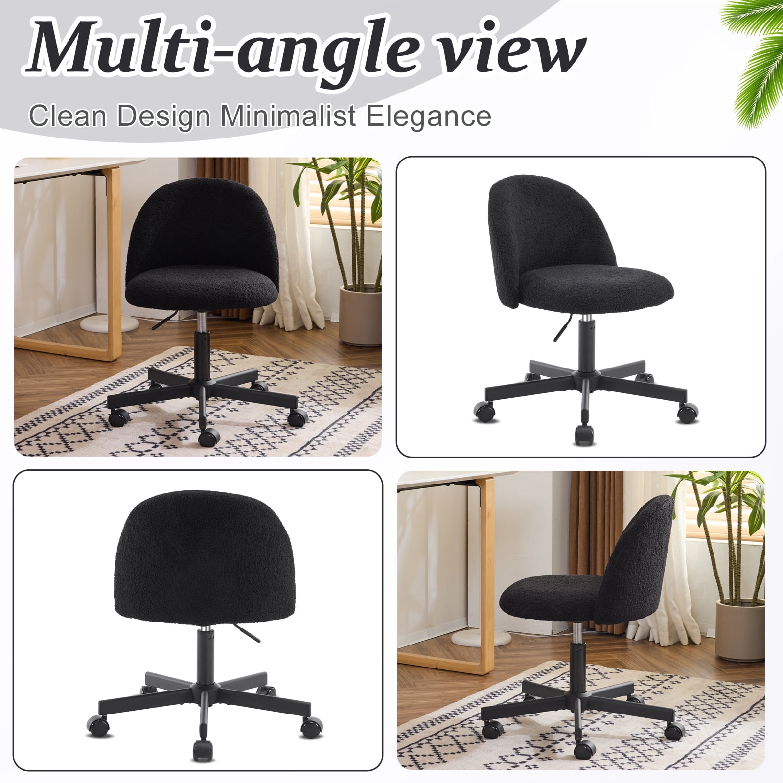Ktaxon Armless Home Office Desk Chair Cute Mid Back Vanity Stool Teddy Velvet Swivel Task Chairs with Wheels Black