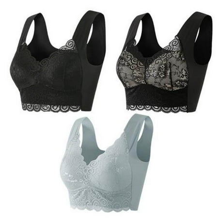 MIUOWANP 3PC Woman s Bras No Underwire Full Support Lace Pattern Tank Top Bra Optimal Push-Up Bra for Ultimate Charm (Black+Black+Gray) XXXXXL