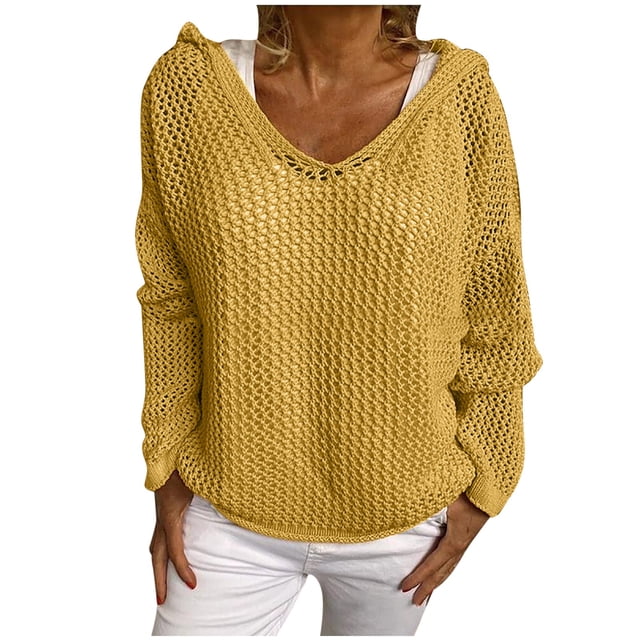 Gibobby Suéter de Mujer Suéter de punto suelto de manga larga con cuello en V para mujer (Amarillo, M)