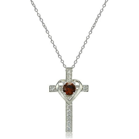 - Sterling Silver Garnet & White Topaz Heart in Cross Necklace