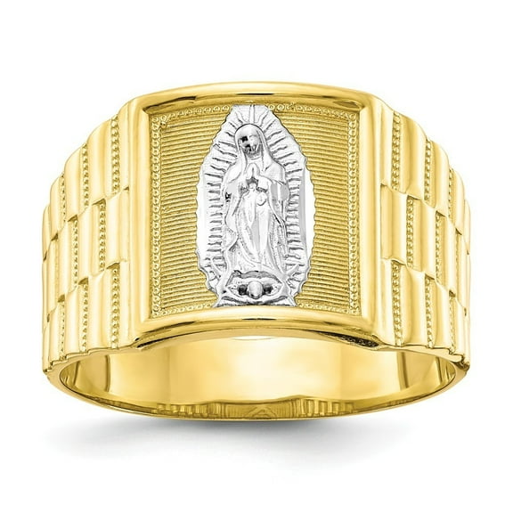 10k Yellow Gold and Rhodium Mens Our Lady Of Guadalupe Ring - 4.0 Grams - Size 10.00