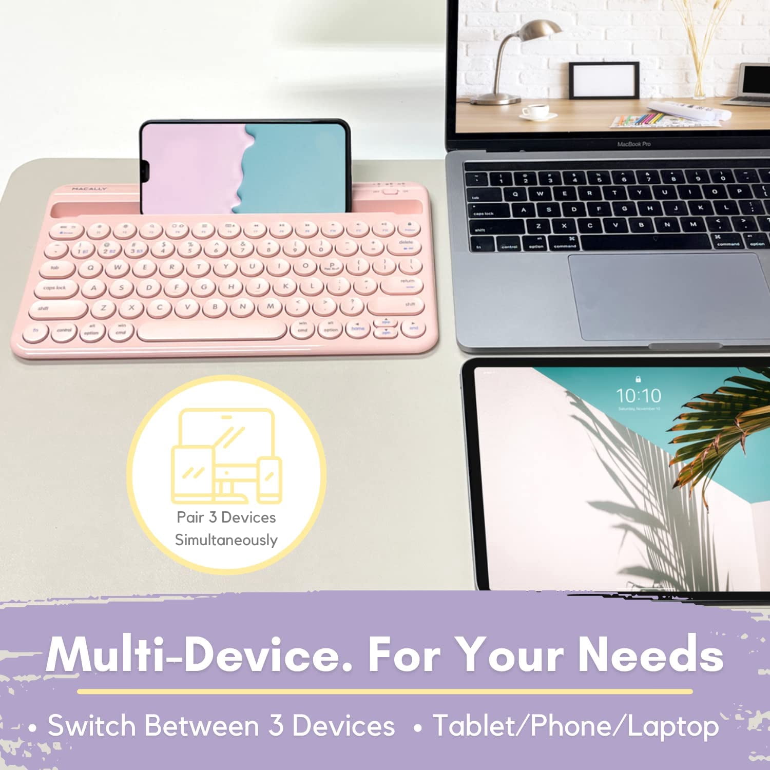 Macally Mini Wireless Bluetooth Keyboard with Stand, Rechargeable, Pink